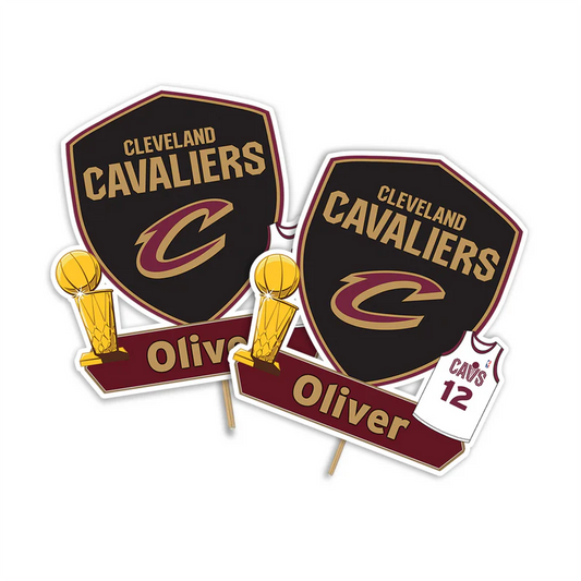 Cleveland Cavaliers cake toppers with personalized name in red and gold on thick cardstock, flat lay