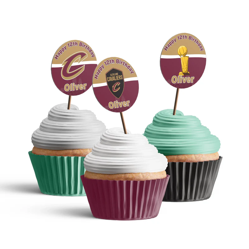 Cleveland Cavaliers cupcake toppers with round team logo cutouts on toothpicks, red and gold palette