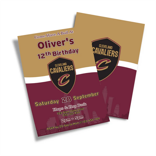 Cleveland Cavaliers birthday invitations with custom text on a white card featuring red and gold accents