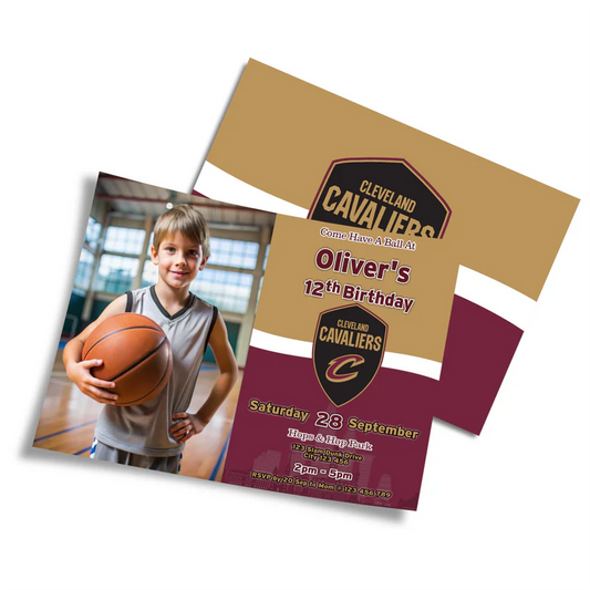 Cleveland Cavaliers photo card invitations with personalized image and team logo, flat lay on white surface