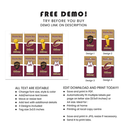 Cleveland Cavaliers Favor Tags Personalized Basketball Labels