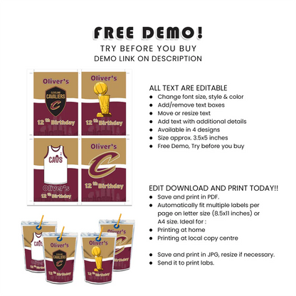 Cleveland Cavaliers Juice Pouch Label Personalized Party Favor