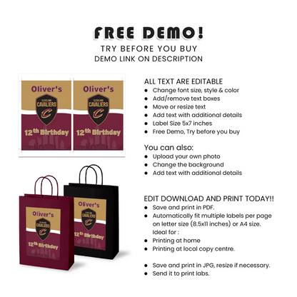 Cleveland Cavaliers Goodie Bag Label Personalized Favor Tags