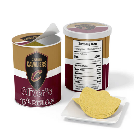 Cleveland Cavaliers small Pringles label with clean red background and team logo wrapped around mini can