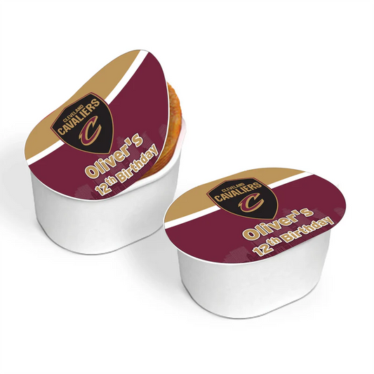 Cleveland Cavaliers mini Pringles label in gold and red wrapped tightly around party-sized chip container