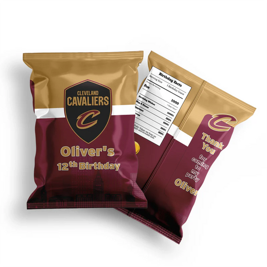 Cleveland Cavaliers chips bag label with dynamic red graphics wrapped around foil snack bag, flat lay
