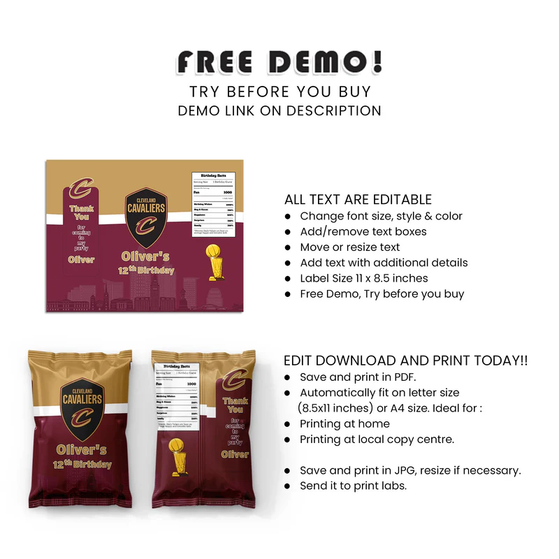 Cleveland Cavaliers Chips Bag Label Personalized Party Favor