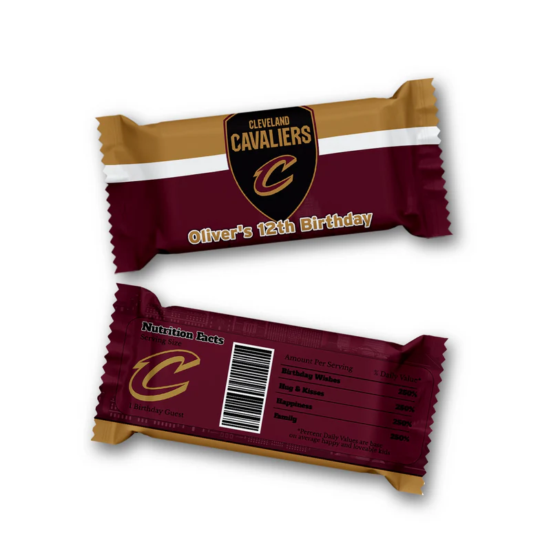 Cleveland Cavaliers Rice Krispies and candy bar label in team colors wrapped around rectangular snacks