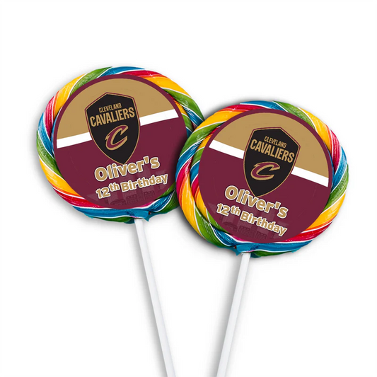 Cleveland Cavaliers lollipop label with circular sticker on red and white swirl lollipop, upright angle