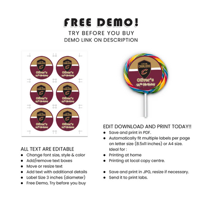 Cleveland Cavaliers Lollipop Label Custom Round Party Sticker