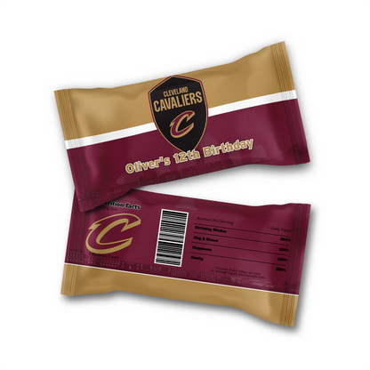 Cleveland Cavaliers Skittles label in red with bold text and logo on mini treat bag
