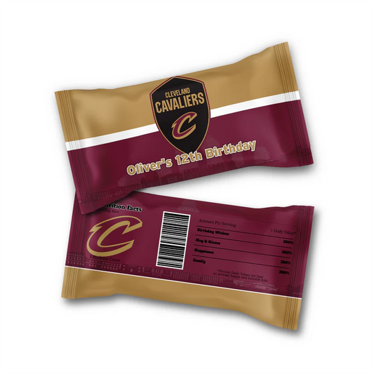 Cleveland Cavaliers Skittles label in red with bold text and logo on mini treat bag
