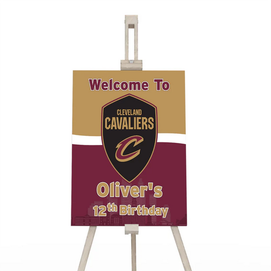 Cleveland Cavaliers welcome sign with bold team design and personalized text, shown on wall backdrop