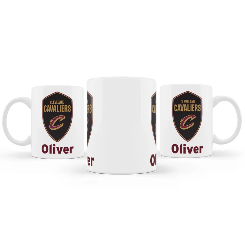 Cleveland Cavaliers sublimation mug in white ceramic with bold logo and name, shown on clean white table