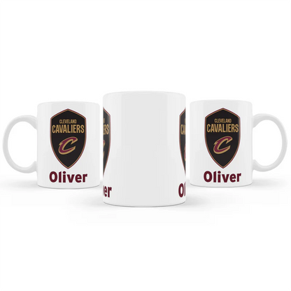 Cleveland Cavaliers sublimation mug in white ceramic with bold logo and name, shown on clean white table