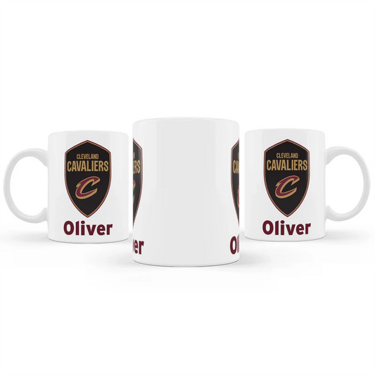 Cleveland Cavaliers sublimation mug in white ceramic with bold logo and name, shown on clean white table