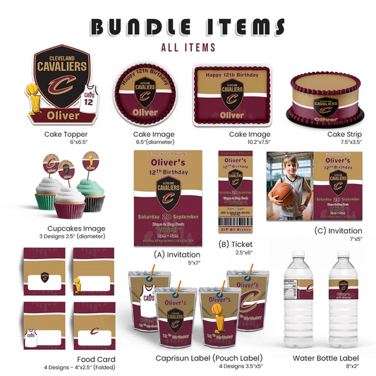 Cleveland Cavaliers digital party pack with editable templates featuring team colors on white background