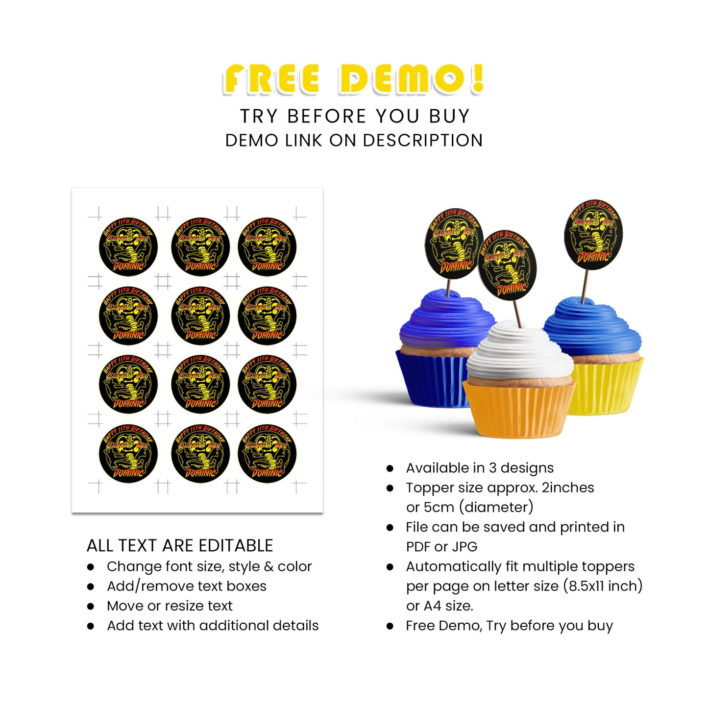 Cobra Kai Personalized Cupcakes Toppers - Custom Cupcake Toppers for Cobra Kai Themed Celebrations