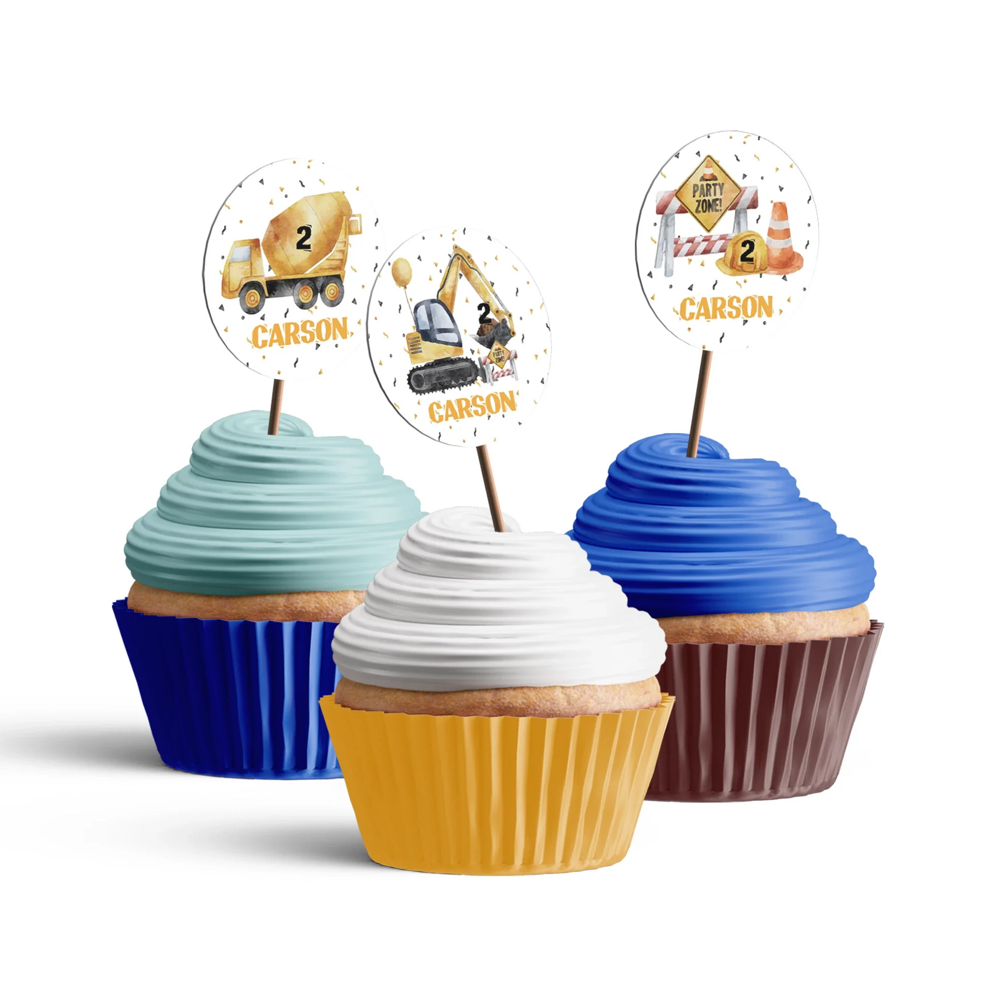 Personalized cupcake toppers designed with construction elements and custom text 