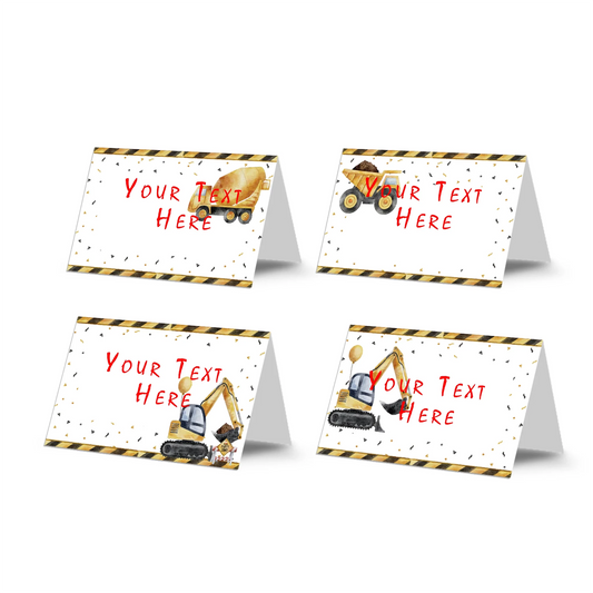 Food cards featuring construction theme for labeling dishes at parties 