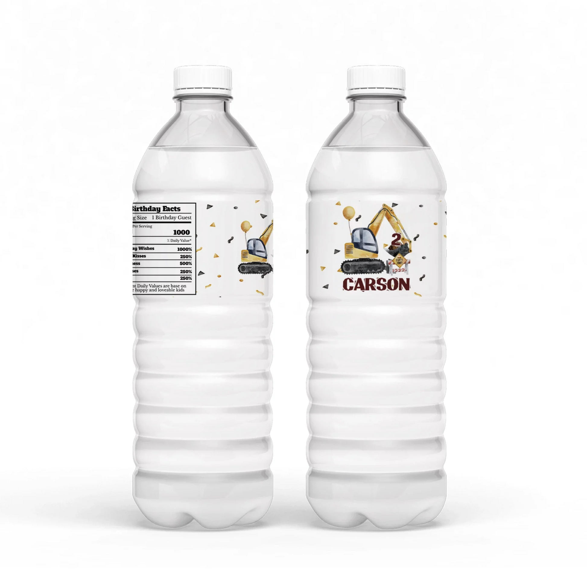 Water bottle label designed with construction graphics and personalized details 