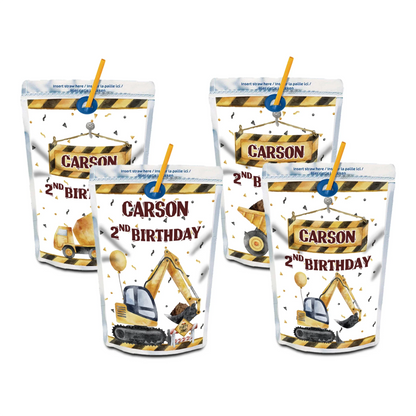 Juice pouch label featuring construction theme and custom design 