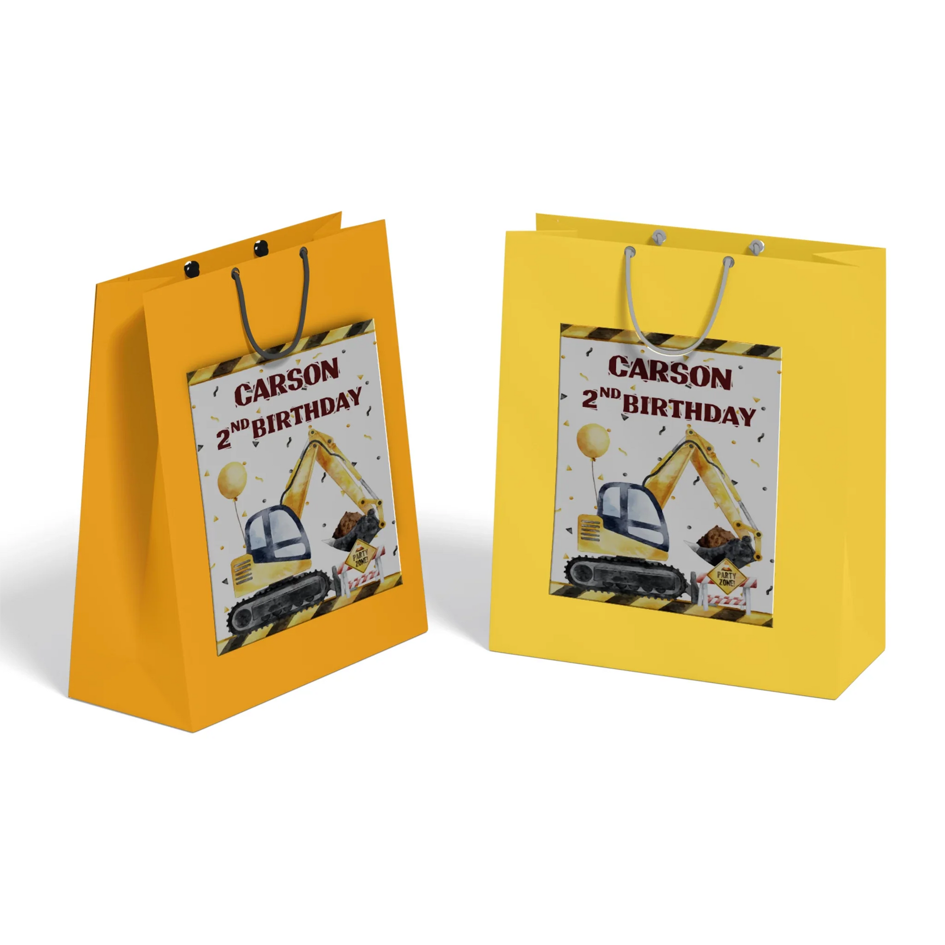 Goodie bag label with construction theme and personalized message 