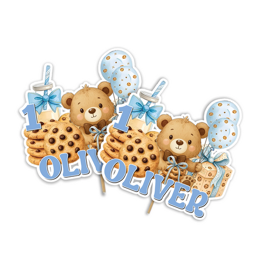 Cookies and milk personalized cake toppers with cookie and milk illustrations, layered cardstock style toppers displayed on white background