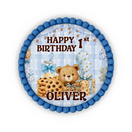 Cookies and milk personalized edible icing cake images with cookie crumbs and milk graphics, edible frosting sheets on white background
