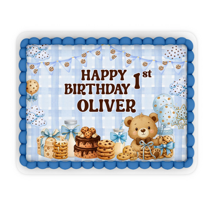 Cookies and milk personalized edible sheet cake images with cookie and milk dessert theme, rectangular icing sheets on white background