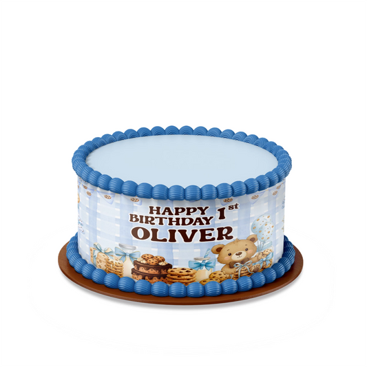 Cookies and milk personalized cake strips with chocolate chip cookie pattern and milk glass design, printable wrap shown on white background