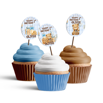 Cookies and milk personalized cupcake toppers with cookie and milk illustrations, round topper set arranged on white background