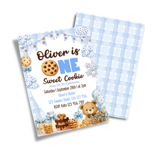 Cookies and milk personalized birthday card invitations with dessert theme graphics, printed card layout on white background