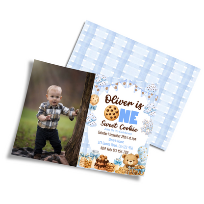 Cookies and milk personalized photo card invitations with cookie and milk theme and custom photo space, flat lay on white background