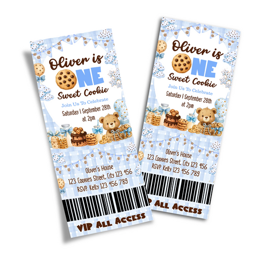 Cookies and milk personalized birthday ticket invitations with dessert theme graphics, ticket style design on white background