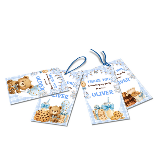 Cookies and milk thank you tags with cookie and milk illustrations, small party favor tags arranged on white background