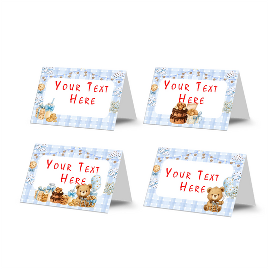 Cookies and milk food cards with dessert theme cookie graphics, tent style table labels on white background