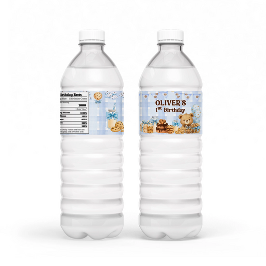 Cookies and milk water bottle label with cookie crumb pattern and milk graphics, wrap style label on white background
