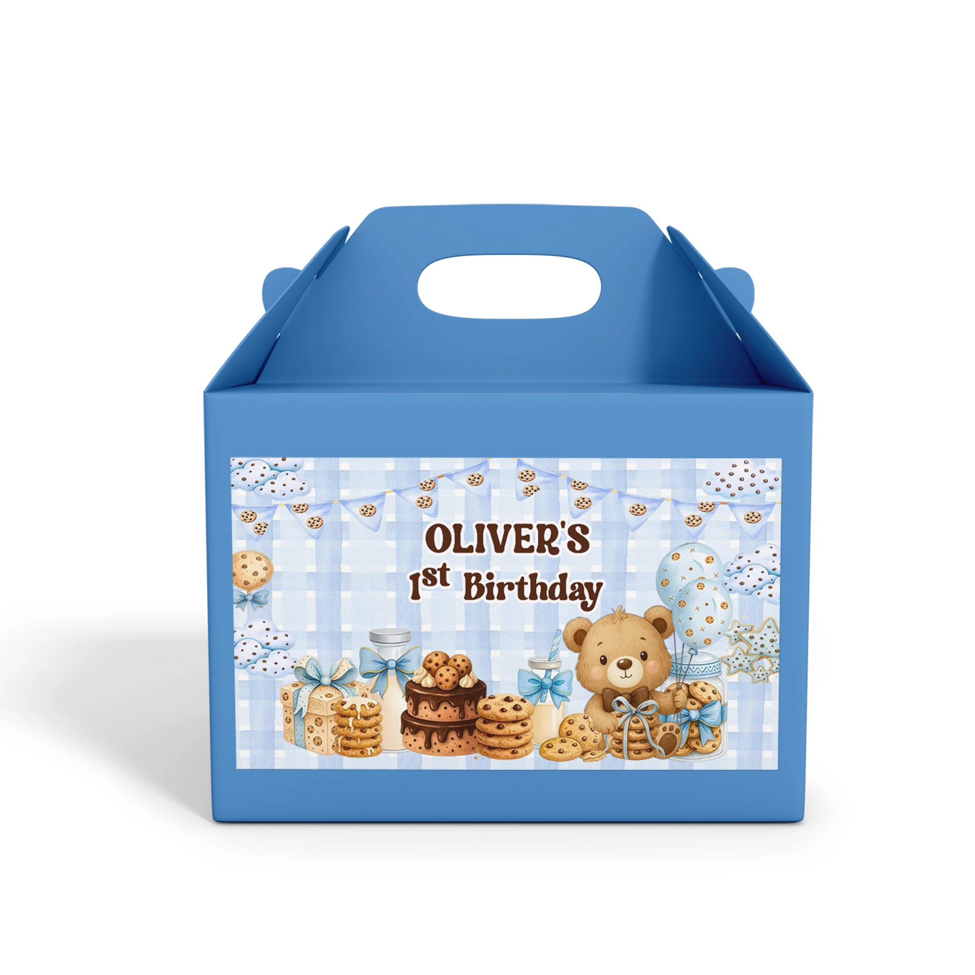 Cookies and milk treat box label with chocolate chip cookie and milk illustrations, printable label on white background