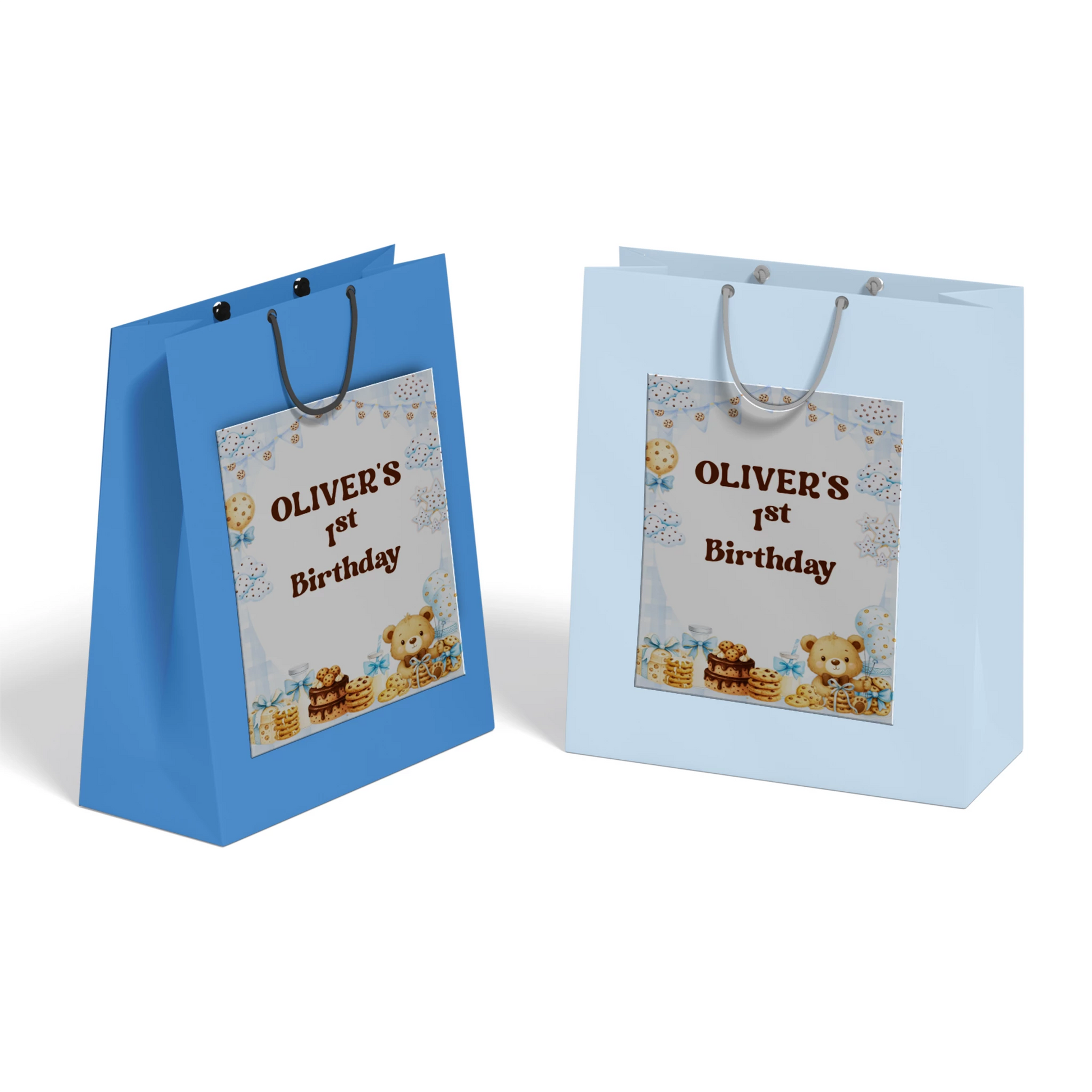 Cookies and milk goodie bag label with cookie and milk graphics, rectangular favor bag label on white background