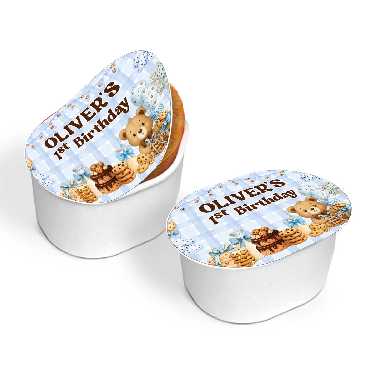 Cookies and milk mini Pringles label with dessert theme cookie and milk graphics, small wrap label on white background