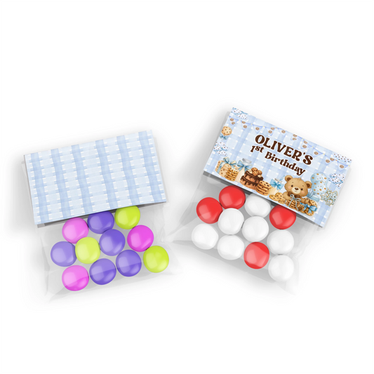 Cookies and milk treat bag topper label with cookie and milk illustrations, folded topper style on white background