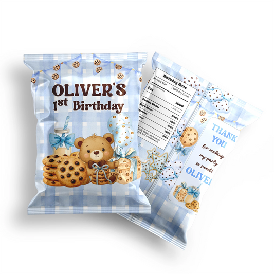 Cookies and milk chips bag label with cookie and milk dessert theme wrap design, snack bag label on white background