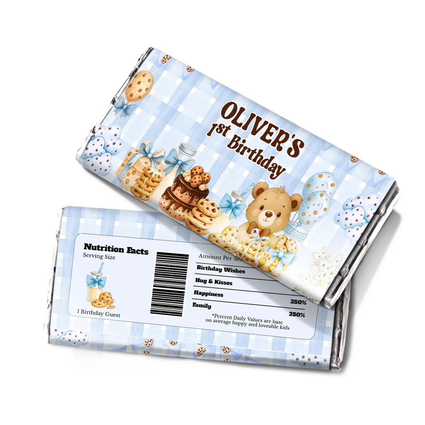 Cookies and milk chocolate label with cookie crumb pattern and milk glass graphics, candy bar wrapper on white background