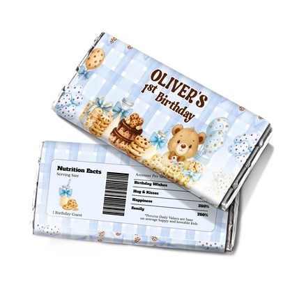 Cookies and milk chocolate label with cookie crumb pattern and milk glass graphics, candy bar wrapper on white background