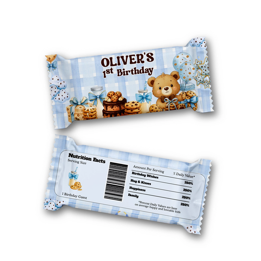 Cookies and milk Rice Krispies treats and candy bar labels with dessert theme cookie graphics, flat lay on white background