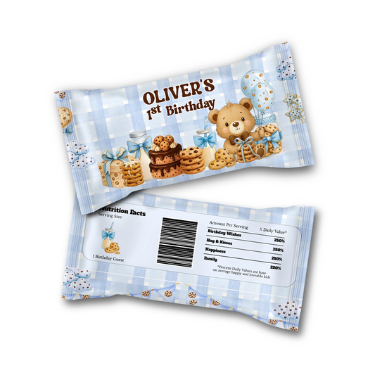 Cookies and milk Skittles label with cookie crumb pattern and milk theme graphics, candy wrapper label on white background