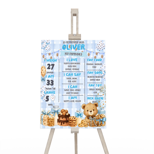 Cookies and milk milestone poster with cookie and milk theme and birthday stats layout, poster displayed on white background