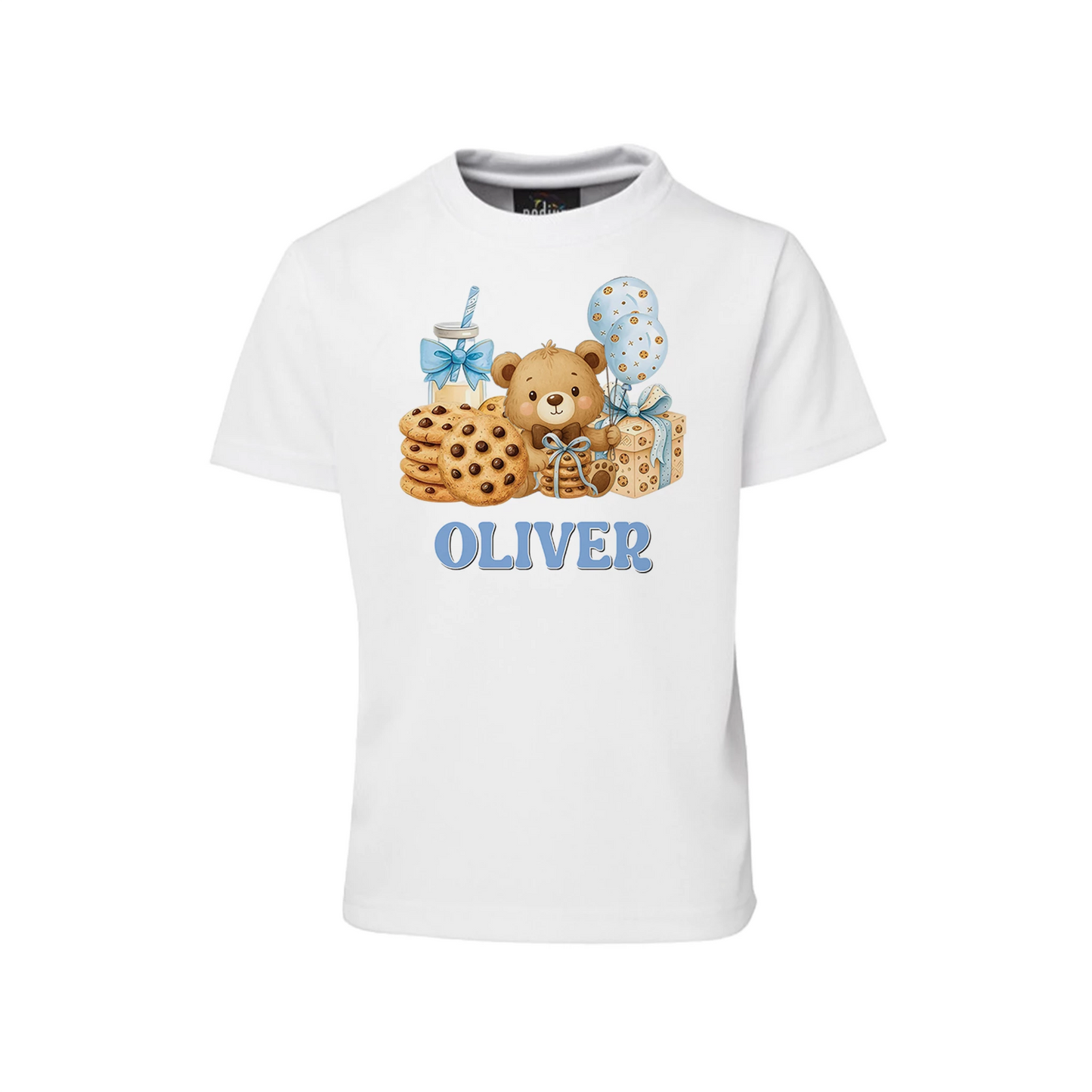 Cookies and milk sublimation t-shirt with cookie and milk dessert theme graphic print, shirt flat lay on white background