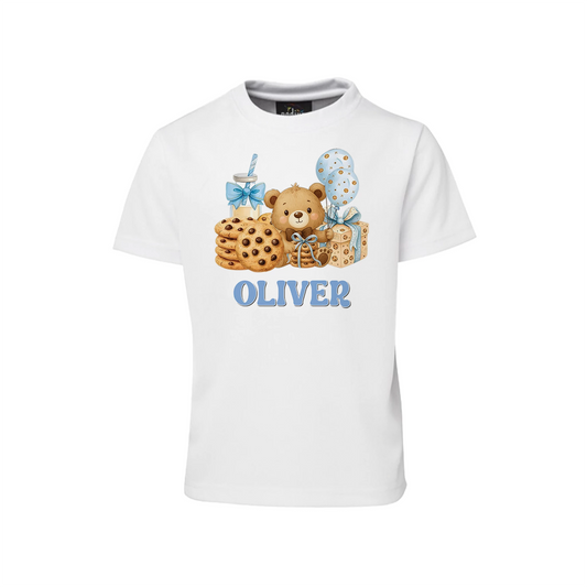 Cookies and milk sublimation t-shirt with cookie and milk dessert theme graphic print, shirt flat lay on white background